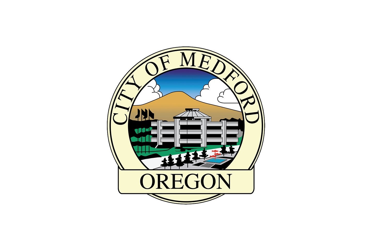 Medford logo with building, flags, and trees